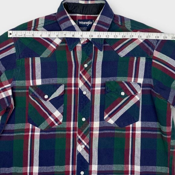 VINTAGE Wrangler Shirt Mens Medium Western Pearl Snap Long Tail Plaid Bushpopper - Picture 7 of 12